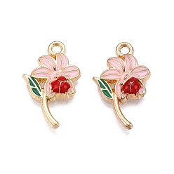 Pink Стойки обшивки сплава эмали подвески, без кадмия, без никеля и без свинца, золотой свет, цветочный шарм, розовые, 20.5x12x3 мм, отверстие : 1.8 мм
