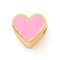 Pearl Pink Eco-friendly Rack Plating Brass Enamel Beads, Cadmium Free & Lead Free, Long-Lasting Plated, Real 18K Gold Plated, Heart, Pearl Pink, 7x7.5x5mm, Hole: 1.2mm