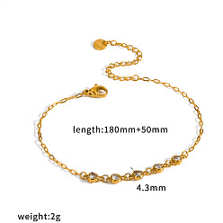 Corazón 304 Pulseras de cadena geométrica con eslabones y circonitas cúbicas engastadas en acero inoxidable, dorado, Claro, corazón, 7.09 pulgada (18 cm)