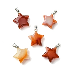 Red Agate Натуральный красный агат подвески, подвески-звезды 304 с защелками из нержавеющей стали, цвет нержавеющей стали, окрашенная и подогревом, 27.5~28.5x25~26x8~9 мм, отверстие : 7x4 мм