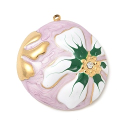 Настоящее золото 18K Из нержавеющей стали горный хрусталь подвески, стиль эмали, плоские круглые с цветочным узором, реальный 18 k позолоченный, 29x26.5x7.5 мм, отверстие : 1.4 мм