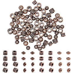 Red Copper 200Pcs 4 Style Tibetan Style Alloy Beads, Lead Free & Cadmium Free, Bicone & Rondelle & Column, Red Copper, 7~8.5x7~8.5x3.5~5.5mm, Hole: 1~5mm, 50pcs/style