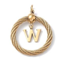 Letter W 304 подвески из нержавеющей стали, скрученный плоский круглый с буквой, ионное покрытие (ip), реальный 18 k позолоченный, с соединительными кольцами и 201 бусинами из нержавеющей стали, Буква W, 27x23.5~24x6 мм, отверстие : 3 мм