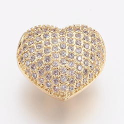 Golden Brass Micro Pave Cubic Zirconia Beads, Lead Free & Cadmium Free, Heart, Golden, 14x14.5x8.5mm, Hole: 2x2.5mm