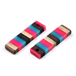 Deep Pink Opaque Resin & Walnut Wood Pendants, Rectangle Charm, Deep Pink, 29.85x8.5x3.5mm, Hole: 2mm