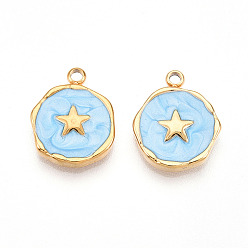 Светло-Голубой 304 подвески из нержавеющей стали, с эмалью, плоский круглый со звездными подвесками, ионное покрытие (ip), реальный 18 k позолоченный, Небесно-голубой, 16x12.5x2.5 мм, отверстие : 1.6~1.8 мм