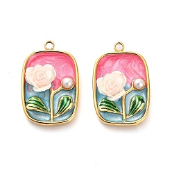 Светло-Вишневый 304 нержавеющей стальной эмали подвески, Со смолой и имитацией жемчуга, Прямоугольник с цветком, ионное покрытие (ip), реальный 18 k позолоченный, светло-вишневый, 23.5x15.5x6 мм, отверстие : 1.6 мм