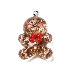 Gingerbread Man Подвески из смолы на рождественскую тематику, с блестящей пудрой и платиновой железной петлей, Колобок, 33x22x8.5 мм, отверстие : 2 мм
