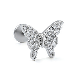 Бабочка Серьги-гвоздики из нержавеющей стали с микропаве из прозрачного кубического циркония для женщин и мужчин, плоская серьга сзади, бабочка, 6 мм, штифты : 1.2 мм