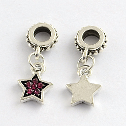 Фуксиновый Европейские подвески из сплава со стразами, звезда, античное серебро, красно-фиолетовые, 24 мм, отверстие : 4 мм