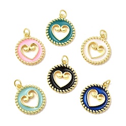 (52) Непрозрачная лаванда Латунь эмаль подвески, плоские круглые подвески с полыми сердечками, без свинца и без кадмия, долговечный, стойки покрытие, реальный 18 k позолоченный, разноцветные, 20.5~21x18x2.5 мм, отверстие : 3.4 мм