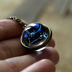 Рыбы Двойное стекло круг с подвеской в виде созвездия сплав цепи ожерелья, античная бронза, Рыбы, 17.72~19.69 дюйм (45~50 см)