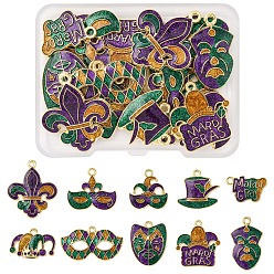 Mixed Shapes 20 pièces 10 styles pendentifs en alliage émaillé et poudre pailletée sur le thème du carnaval/mardi gras, thème du carnaval, sans plomb et sans cadmium, or, formes mixtes, 15~28x13~30x1.5~3mm, Trou: 1.5~2mm, 2 pcs / style
