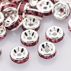 Rose Brass Rhinestone Spacer Beads, Grade AAA, Straight Flange, Nickel Free, Silver Color Plated, Rondelle, Rose, 4x2mm, Hole: 0.8mm