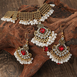 Rhombus Ожерелье и серьги-подвески из цинкового сплава, страз и пластикового жемчуга в стиле бохо, античное золото , ромб, 400 мм и 60x40 мм