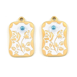 Белый 304 нержавеющей стальной эмали подвески, прямоугольник с подвеской в виде цветка розы, с пластиковой жемчужины, ионное покрытие (ip), белые, 19.5x12x3 мм, отверстие : 1.5 мм