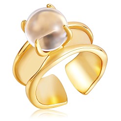 Golden 925 Sterling Silver Open Cuff Ring, Natural Quartz Crystal Round Beaded Ring for Women, Golden, US Size 5 1/4(15.9mm)