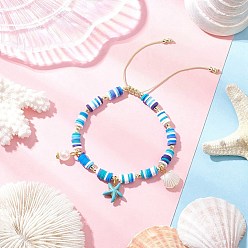 Темно-Голубой Браслеты с подвесками из синтетической бирюзы и искусственного жемчуга ABS, Браслеты из бисера ручной работы из полимерной глины heishi для женщин, форма раковины и морская звезда, глубокое синее небо, внутренний диаметр: 2-1/4~2-7/8 дюйм (5.55~7.2 см)