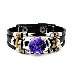 Mauve Imitation Leather Triple Lines Multi-strand Bracelets with Flat Round Links, Mauve, 8-1/8 inch(20.5cm)