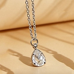 Platine Colliers pendentifs en laiton pavé de zirconiums cubiques transparents en forme de larme pour femmes, platine, 17.72 pouce (45 cm), pendentif: 12x7 mm