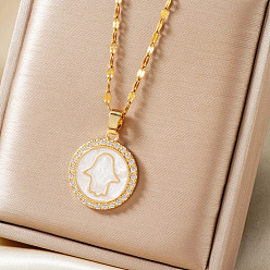 Золотой Изысканные латунные микропаве прозрачные кубические цирконии плоские круглые с хамсой подвески на руку ожерелья, белой эмалью, золотые, 15.75 дюйм (40 см)