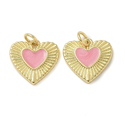 Pink Подвески из латуни с покрытием из эмали, с целью перехода в кольце, долговечный, без свинца и без кадмия, сердце прелести, реальный 18 k позолоченный, розовые, 13.5x14.5x2 мм, отверстие : 3 мм