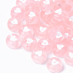 Pink Прозрачные акриловые бусины, плоский круглый с белым сердцем, розовые, 7x3.5 мм, отверстие : 1.8 мм, Около 3700 шт / 500 г