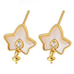 Real 18K Gold Plated 925 Sterling Silver Micro Pave Cubic Zirconia Stud Earrings Findings, with Shell Ginkgo, Maple Leaf, Real 18K Gold Plated, 16.5x12mm, Pin: 1x11mm