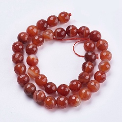 Indian Red Natural Striped Agate/Banded Agate Beads Strands, Round, Faceted, Dyed, Indian Red, 10mm, Hole: 1mm, about 37pcs/strand, 14.7 inch(37.5cm)