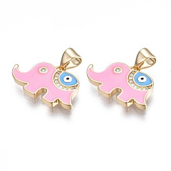 Pearl Pink Brass Micro Pave Clear Cubic Zirconia Pendants, with Enamel, Nickel Free, Real 18K Gold Plated, Elephant, Pearl Pink, 13x21x2mm, Hole: 3x5mm