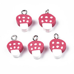 Pale Violet Red Autumn Theme Handmade Polymer Clay Charms, with Platinum Plated Iron Loop, Imitation Food, Mushroom, Pale Violet Red, 14~15x8.5~10.5x4~5mm, Hole: 1.8mm