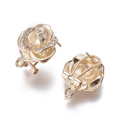 Золотой Латунные серьги-гвоздики из циркония, французские серьги-клипсы, с петлей, роза, прозрачные, золотые, 18.5x15x10.5 мм, отверстие : 1.8 мм, штифты : 0.7 мм