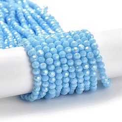 Light Sky Blue Electroplate Opaque Glass Beads Strands, Faceted(32 Facets), Pearl Luster Plated, Round, Light Sky Blue, 4mm, Hole: 0.7mm, about 88~95pcs/strand, 12.99~14.06 inch(33~35.7cm)