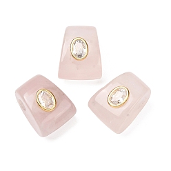 Quartz Rose Naturel a augmenté de perles européennes de quartz, perles trapézoïdales à grand trou avec sertissage en laiton et zircon cubique transparent, or, 20x14.5~16x13~13.5mm, Trou: 4mm