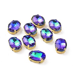 Бермудские Голубой Овал пришиваем стразами, граненый стеклянный горный хрусталь, многожильных ссылки, с золотым оттенком 201 оправа из нержавеющей стали, Бермуды синий, 14x10x6 мм, отверстие : 1 мм