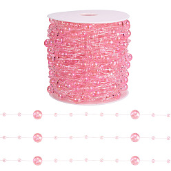 Pink Acrylic Round Beaded Link Chains, with Spool, Pink, 3mm & 7mm, about 98.43 Feet(30m)/Roll