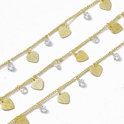 Real 18K Gold Plated Handmade Brass Figaro Chains, with Heart & Clear Cubic Zirconia Diamond Charms, Soldered, with Spool, Real 18K Gold Plated, Link: 1.8x1.5x0.8mm