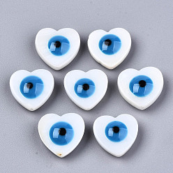Dodger Blue Natural Freshwater Shell Beads, with Enamel, Enamelled Sequins, Heart with Evil Eye, Dodger Blue, 14.5~15.5x15.5x6mm, Hole: 0.8mm