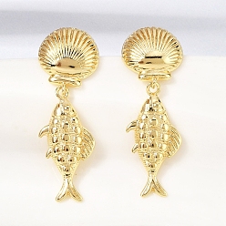 Fish Латунь болтаться серьги, без кадмия и без свинца, реальный 18 k позолоченный, стойки покрытие, долговечный, морская тема, рыба, 43x14.5 мм