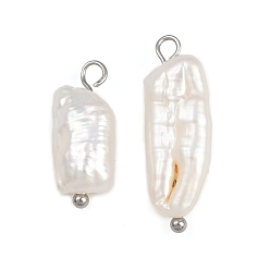 Нержавеющая Сталь Цвет Подвески из натурального пресноводного жемчуга Кеши, самородки прелести, с 304 петлями из нержавеющей стали, белые, цвет нержавеющей стали, 20.5~25x8~11x4~6 мм, отверстие : 1.8~3 мм