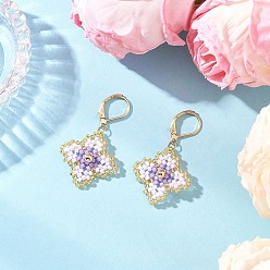 Фиолетовый Серьги-гвоздики с цветочным креплением из стеклянных бусин ручной работы, золотые, фиолетовые, 43x24~25 мм