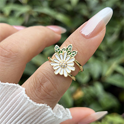 White Brass Micro Pave Cubic Zirconia Cuff Open Rings for Women, with Enamel, Flower, Real 18K Gold Plated, White, US Size 4 1/4(15mm)~20mm