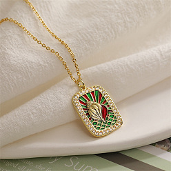 Shell Shape Подвеска-медальон из латуни с микропаве и прозрачными кубическими циркониями., с зеленой эмалью, золотые, формы раковины, 17.72 дюйм (45 см)