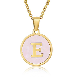 Letter E Natural Shell Initial Letter Pendant Necklace, with Golden Stainless Steel Cable Chains, Letter E, 17.72 inch(45cm)