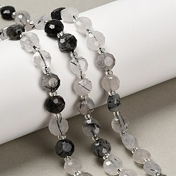 Кварц Турмалинизации  Натуральный турмалированный кварц / черный рутиловый кварц, плоско-круглые, граненые, с бисером, 7~7.5x7.5~8x4.5~5 мм, отверстие : 1 мм, около 19~21 шт / нитка, 7.52~7.60'' (19.1~19.3 см)