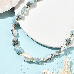 Golden Raw Rough Natural Larimar Beaded Necklaces with Oval Shell Pearl for Women, Golden, 15.75 inch(40cm)