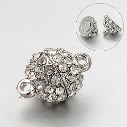Platinum Round Alloy Rhinestone Magnetic Clasps with Loops, Platinum, 16x10mm, Hole: 1mm