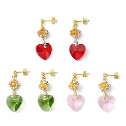 Mixed Color Glass Heart Dangle Stud Earrings, Golden 304 Stainless Steel Earrings, Mixed Color, 33~36x14mm