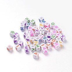 Mixed Color Mixed Style Opaque Acrylic European Large Hole Beads, Horizontal Hole, Letter Cube, Mixed Color, 7x7x7mm, Hole: 4mm, about 1999pcs/408g