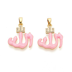 Pink Латунные микропроволочные кубические циркониевые подвески из эмали, без кадмия и без свинца, арабские чары, реальный 18 k позолоченный, розовые, 20x18.5x2 мм, отверстие : 5x2.5 мм